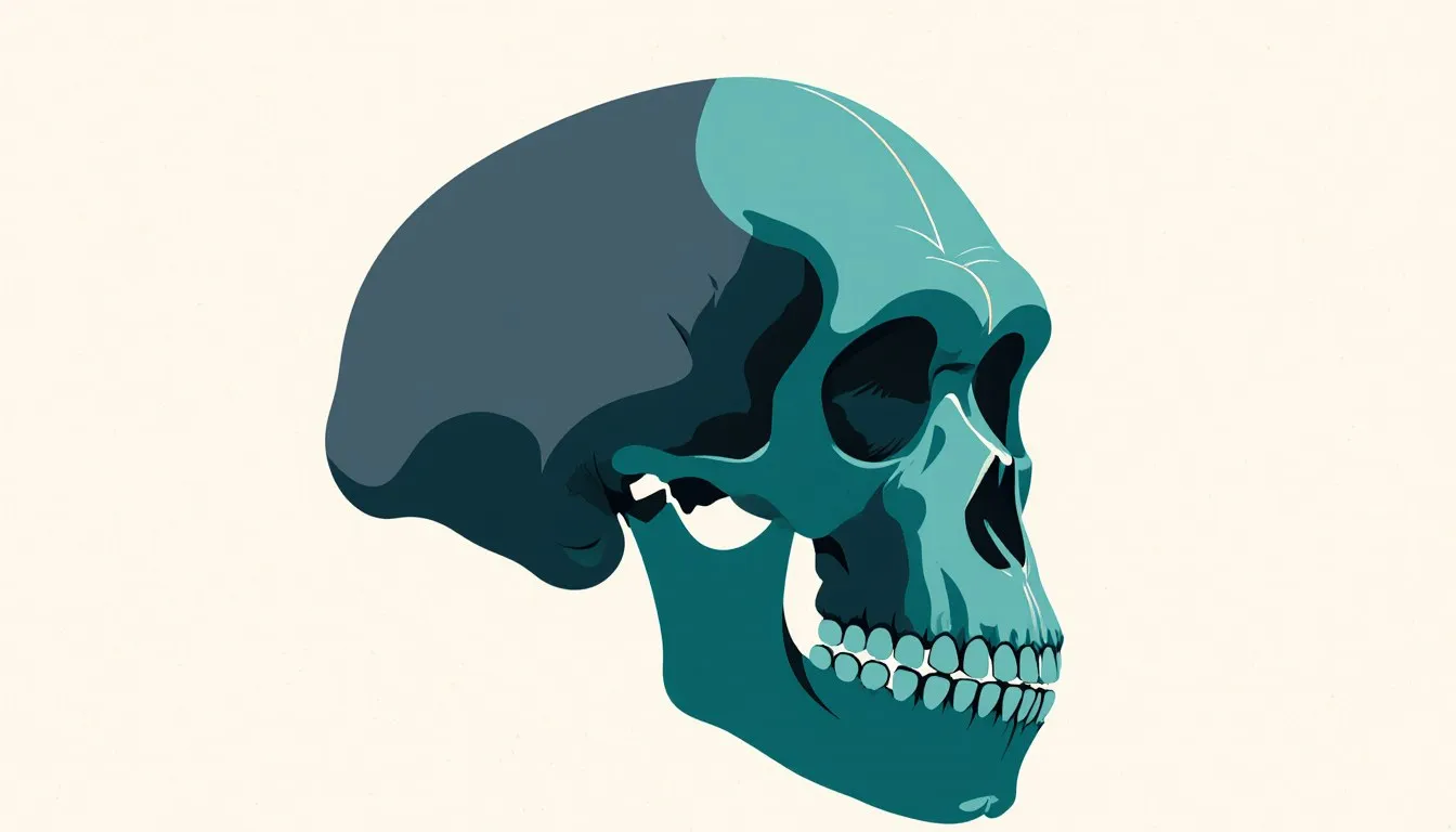 Illustration of a fossil hominid skull, a symbol of the human evolution debate in science.