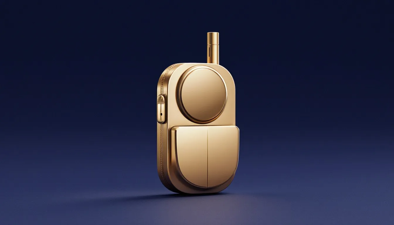 A whimsical handheld invention gadget with a large button and short antenna, symbolizing creative invention ideas