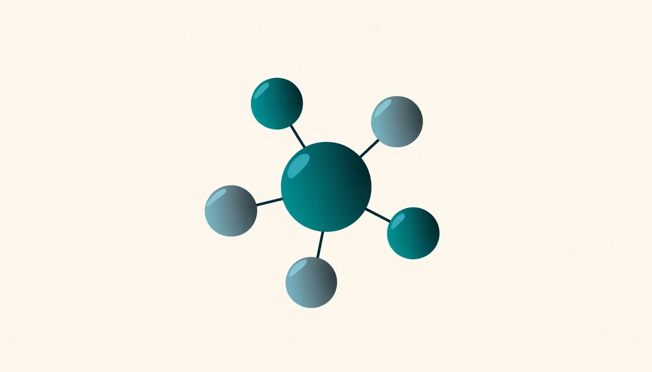 Illustration of a central atom bonded to several surrounding atoms, depicting a coordination complex structure