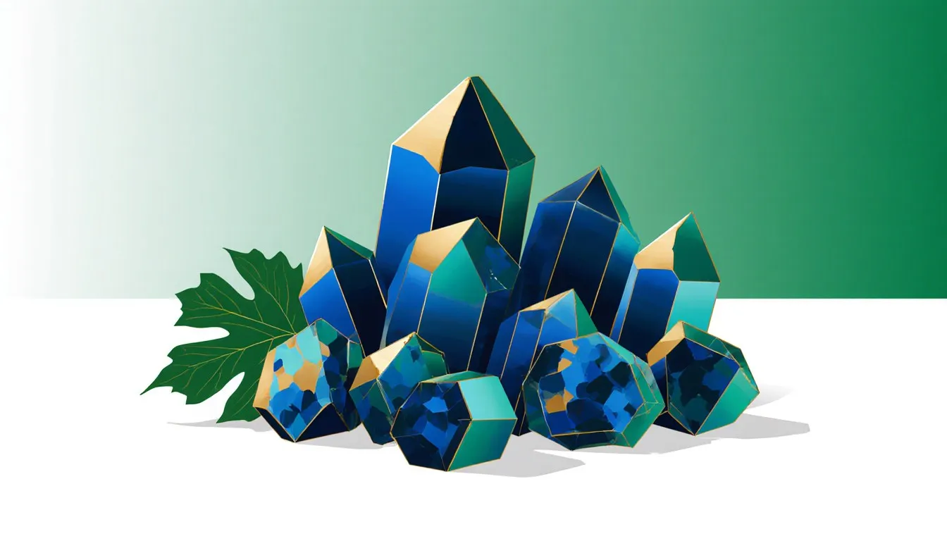 Deep blue copper sulfate crystals beside a grape leaf, referencing its use as an agricultural fungicide.