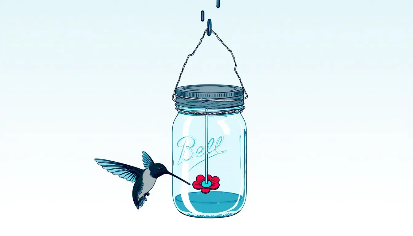 A homemade mason jar hummingbird feeder with a red feeding port, hummingbird hovering close to drink