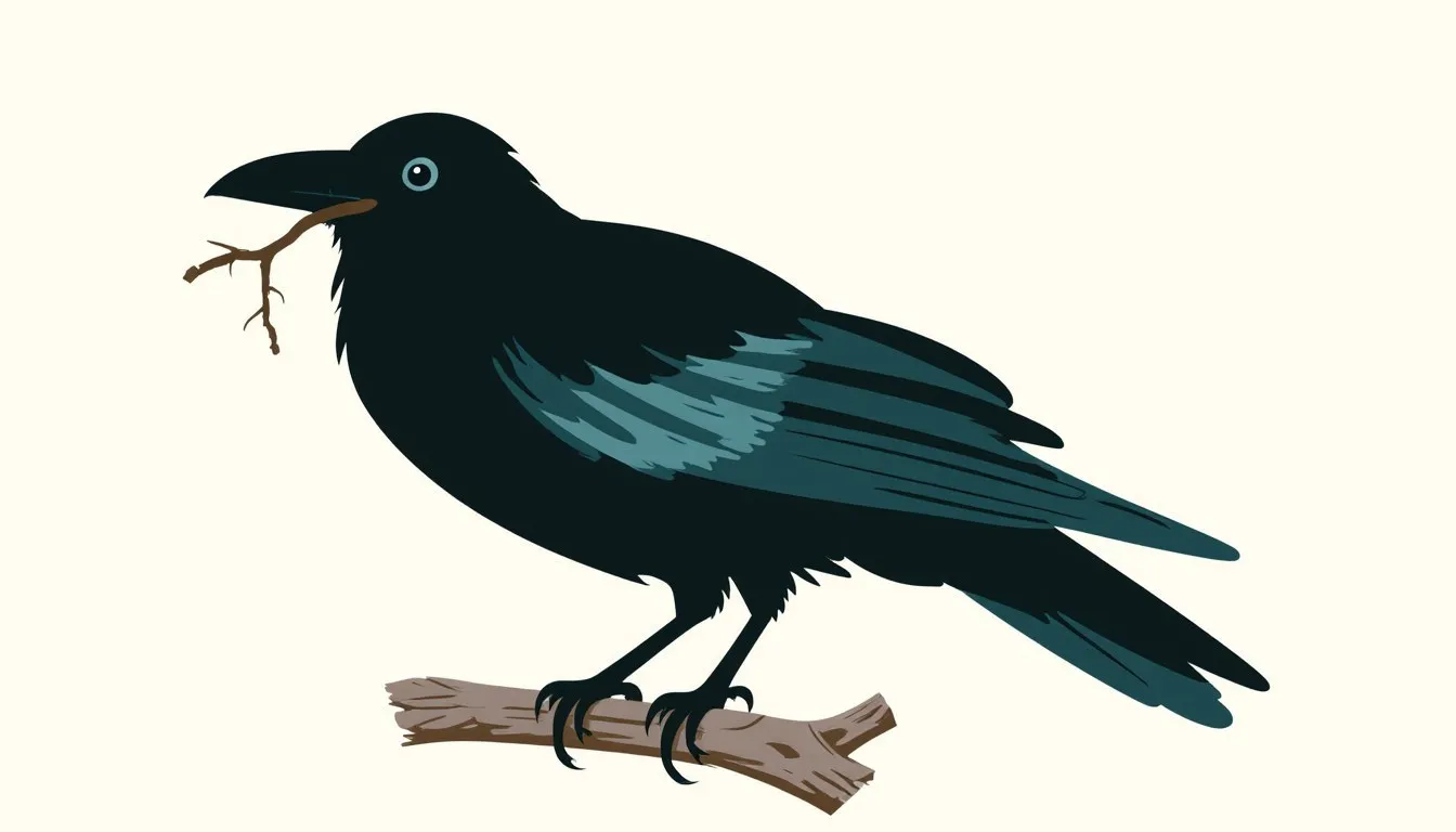 Illustration of a crow perched on a branch holding a twig tool in its beak
