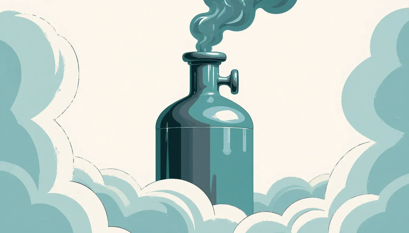 A metal cryogenic dewar flask releasing billowing white vapor from its neck