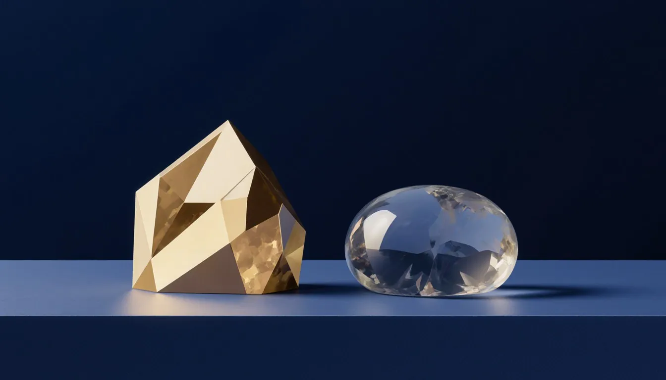 A faceted geometric crystal beside a smooth, irregular glassy mineral, contrasting crystalline and amorphous solid