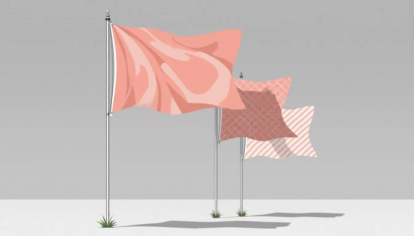 Illustration of one large plain flag towering over two smaller patterned flags