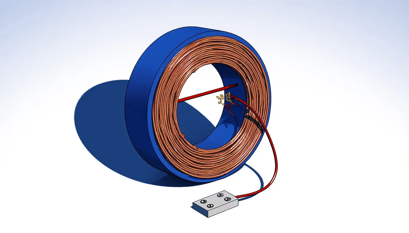 A ring-shaped current transformer with copper coil windings encircling a primary conductor bar, wired to a terminal block.