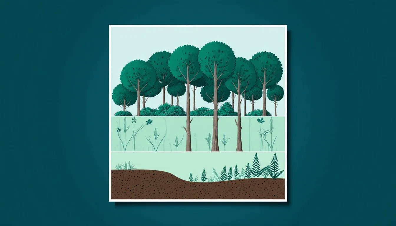 Cross-section illustration of a deciduous forest showing tree, sapling, shrub, and herb layers stacked from canopy to floor