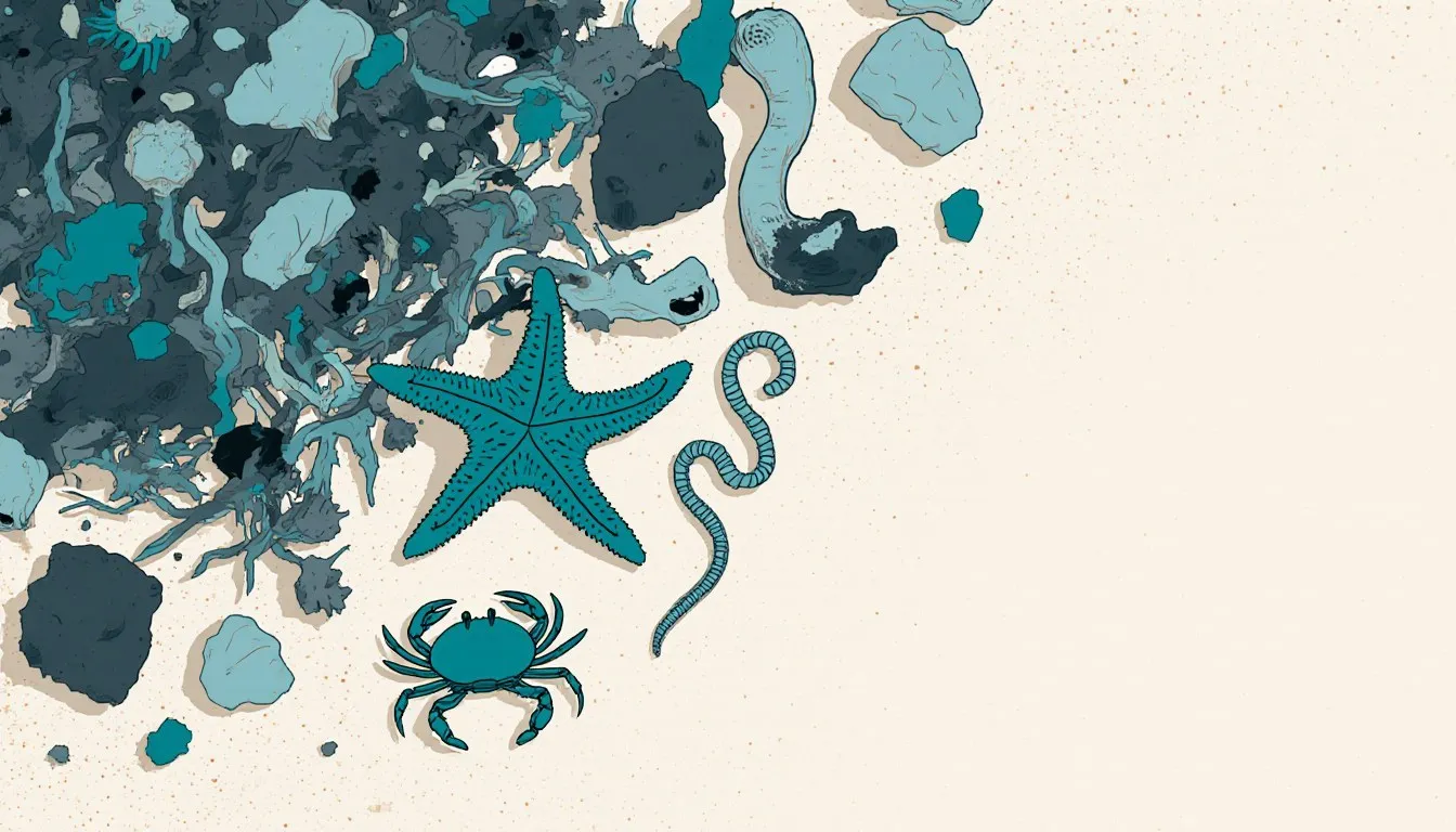 Illustration of a starfish, crab and worms working through seafloor detritus