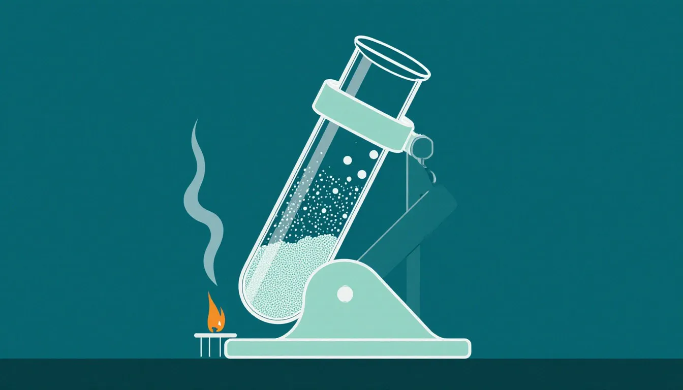 A test tube of solid compound heated over a flame, releasing gas bubbles as it undergoes thermal decomposition