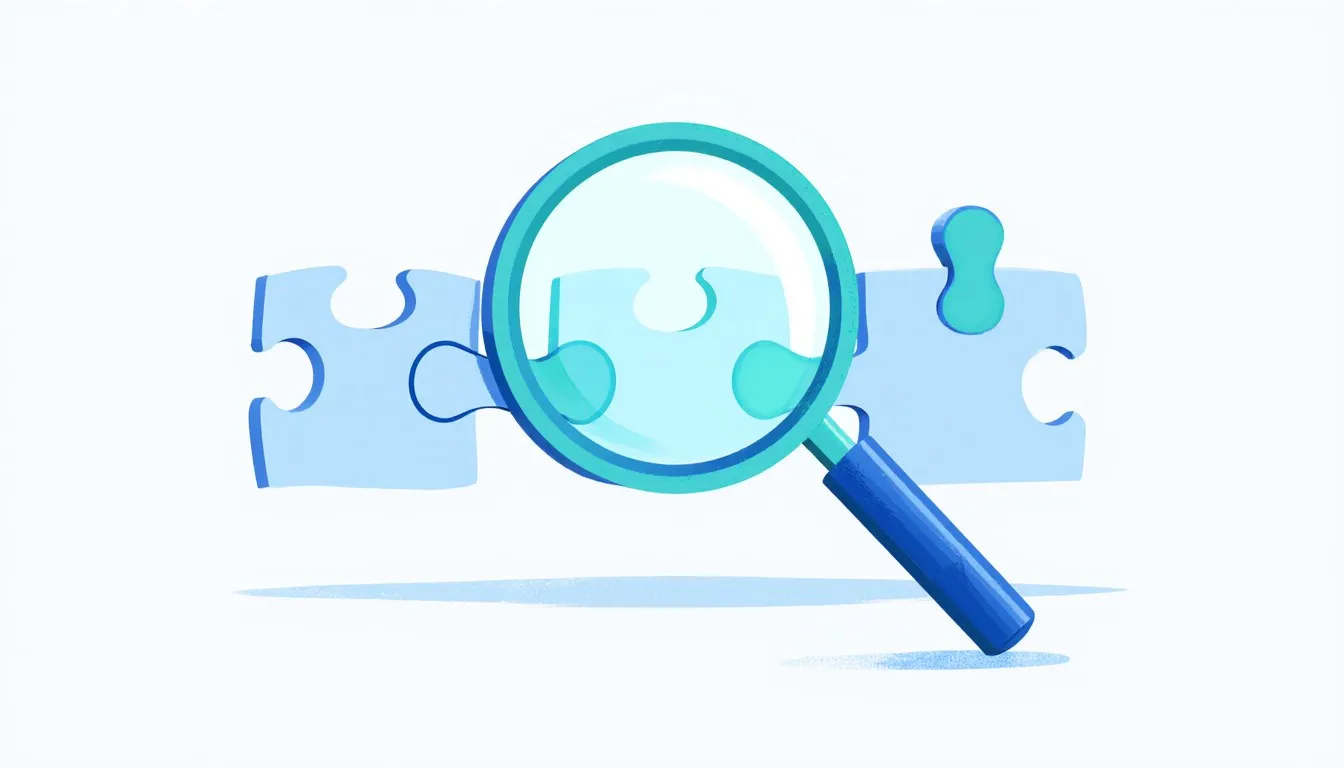 A magnifying glass examines a connected chain of puzzle pieces, symbolizing the linked steps of deductive reasoning.