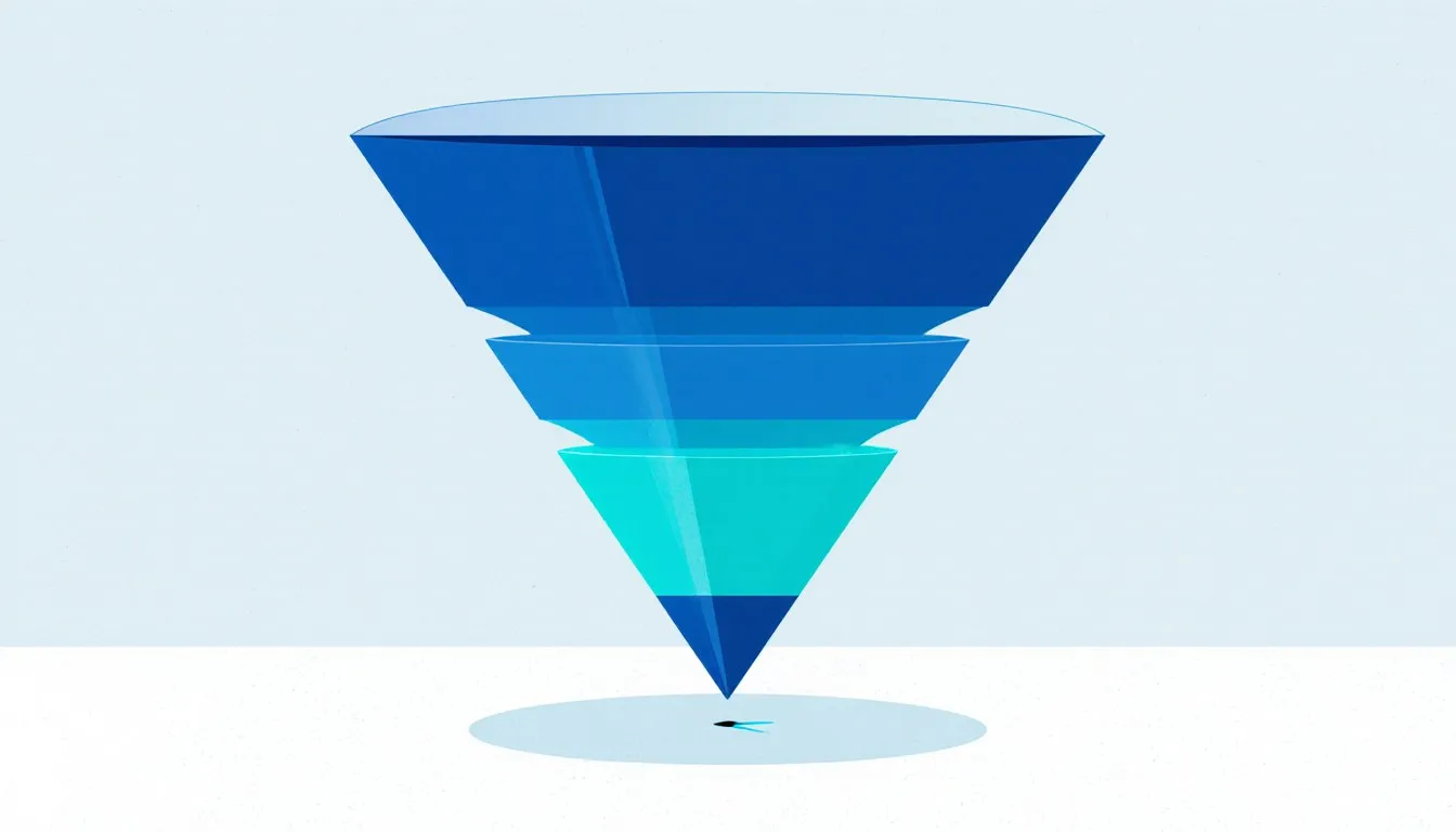 A wide funnel narrowing to a single point, representing how deductive reasoning moves from broad premises to one conclusion