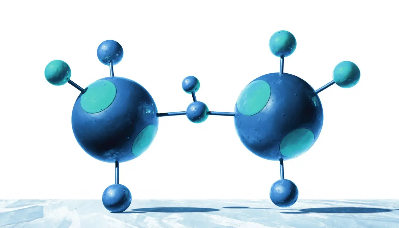 Two molecular structures joining at a bond while a small water molecule separates away, depicting dehydration synthesis