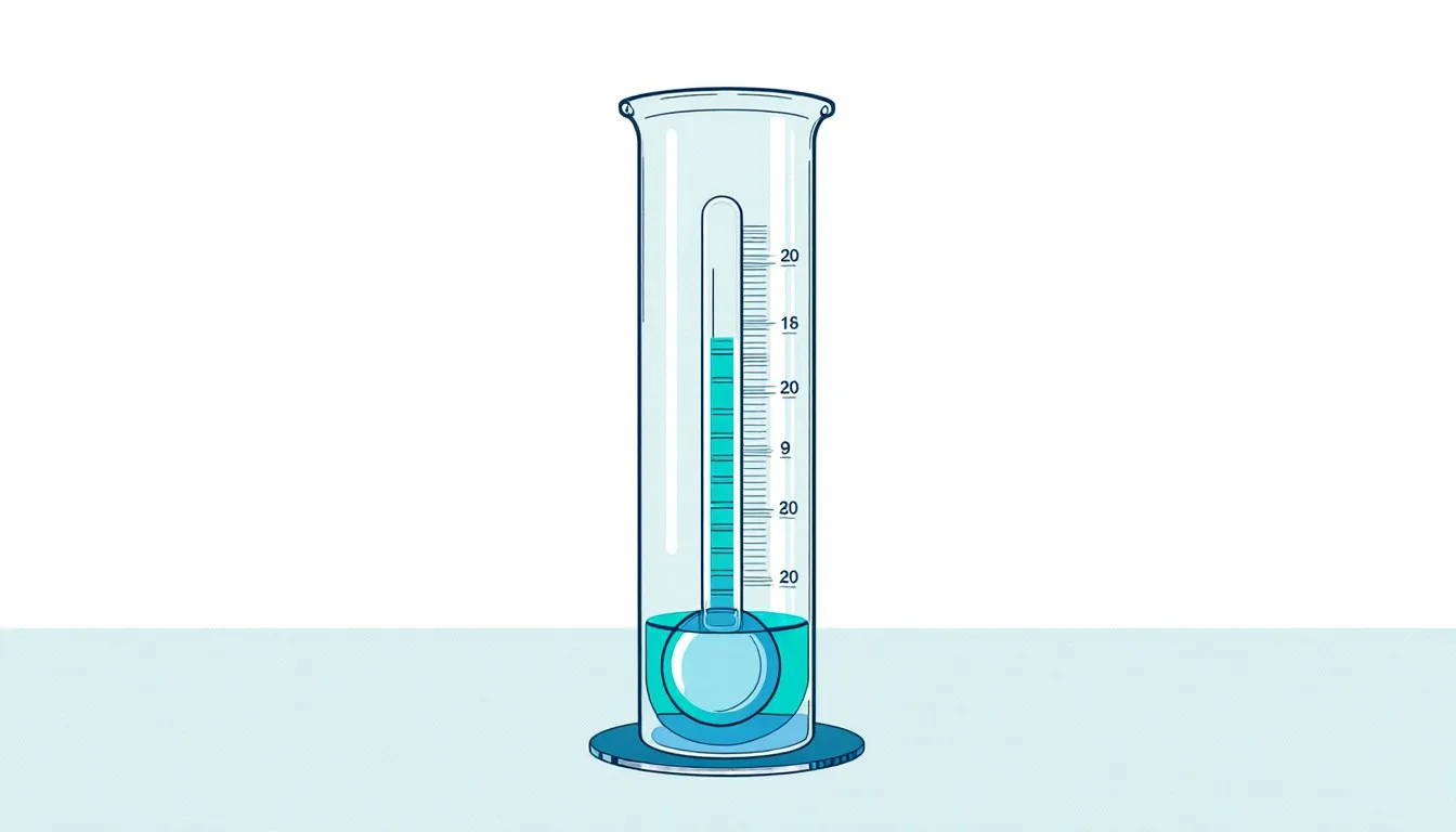 A glass hydrometer floating upright in a graduated cylinder of clear liquid, illustrating how liquid density is measured