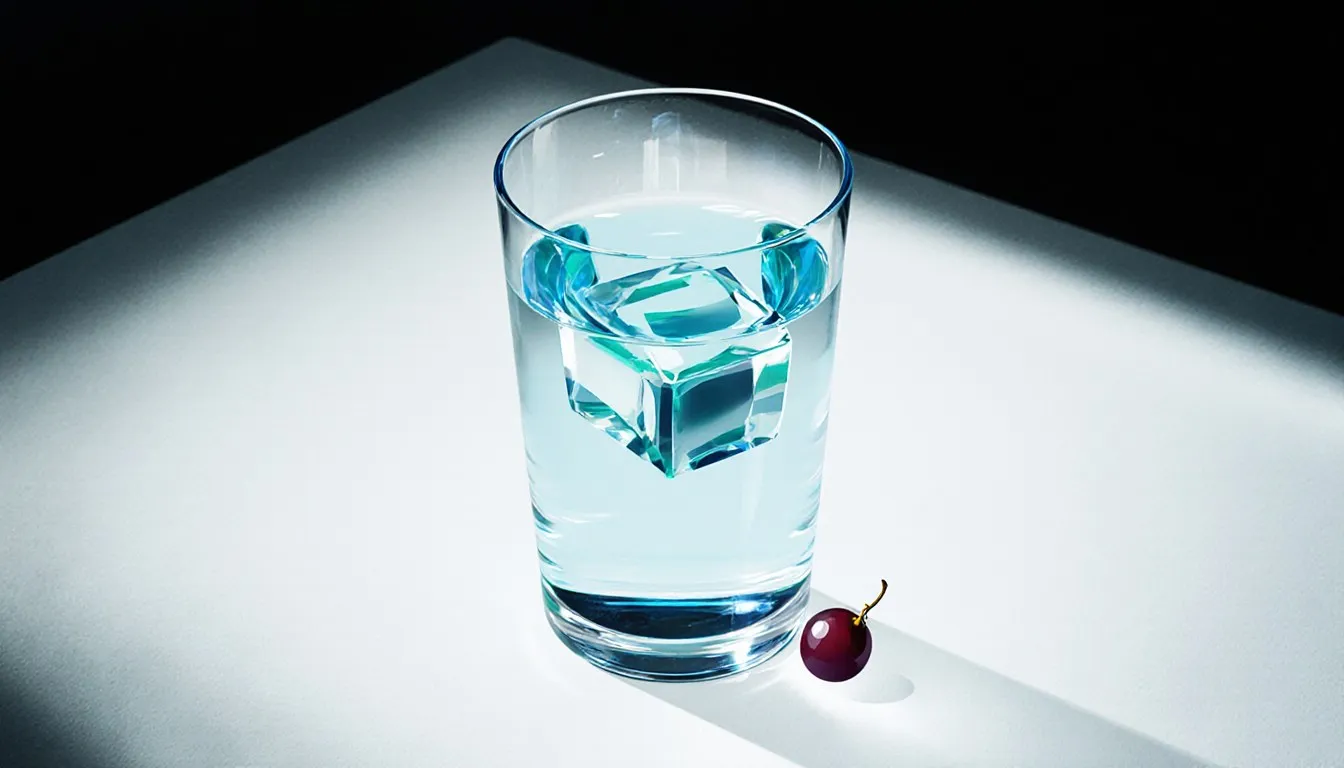 A clear glass of water with a floating ice cube and a grape resting at the bottom, on a plain table.