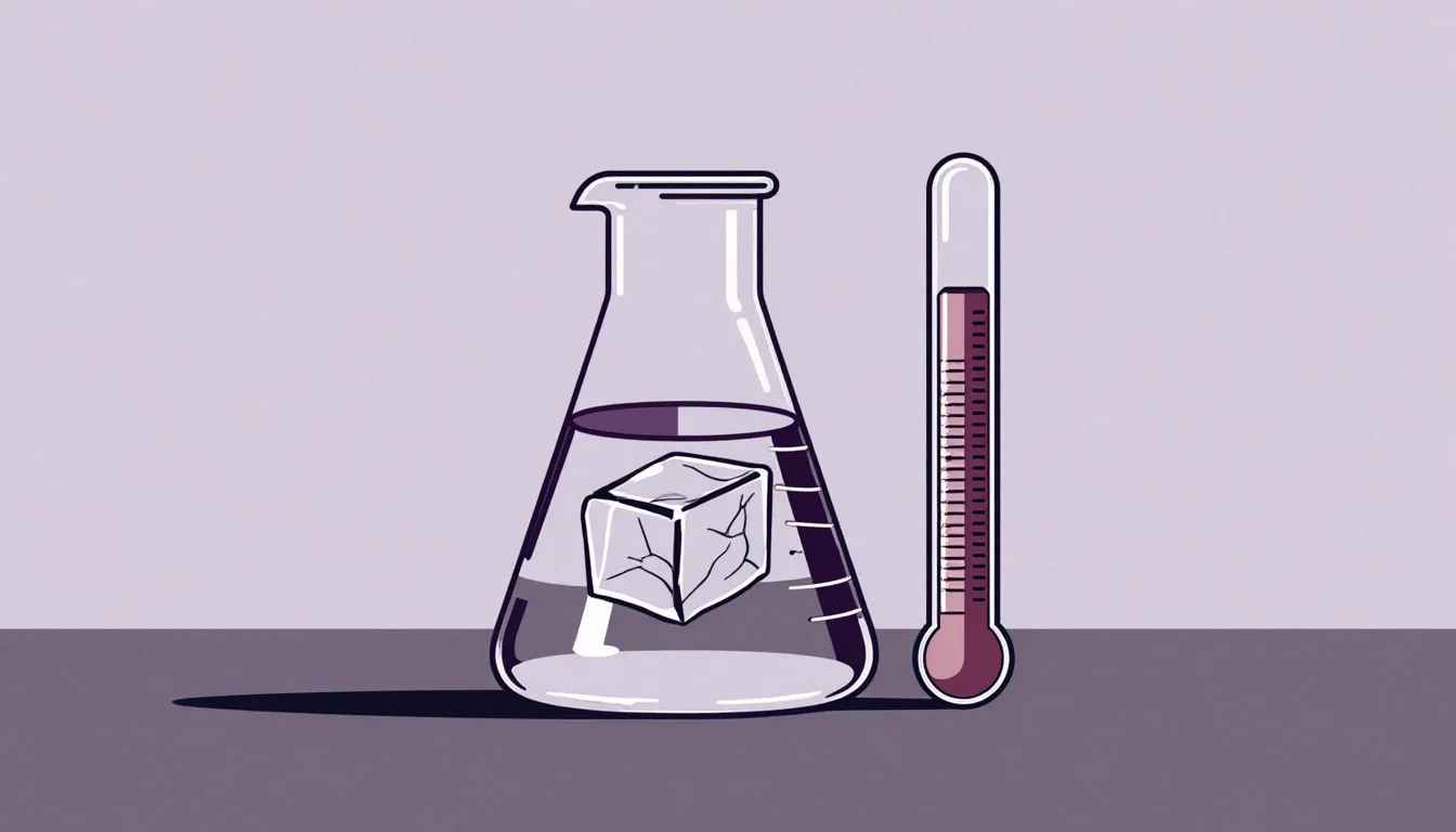 An ice cube floats atop water in a beaker beside a thermometer, illustrating water's density changes with temperature.