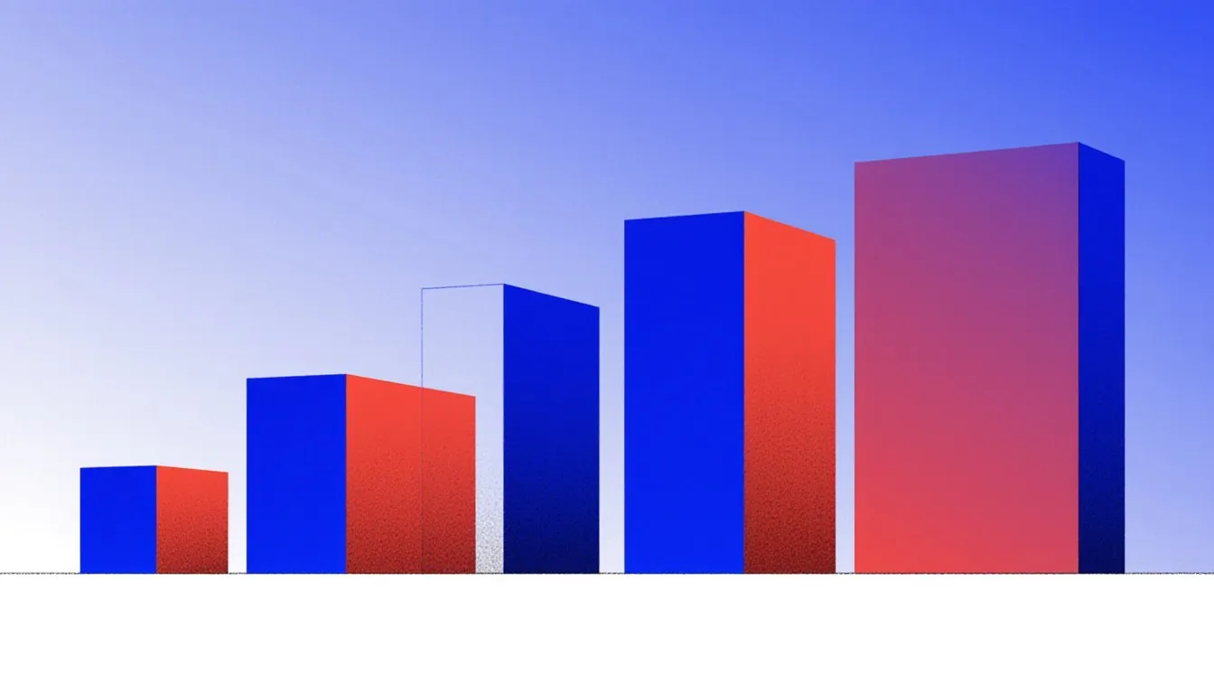 Illustration of a rising bar chart with paired red and blue columns
