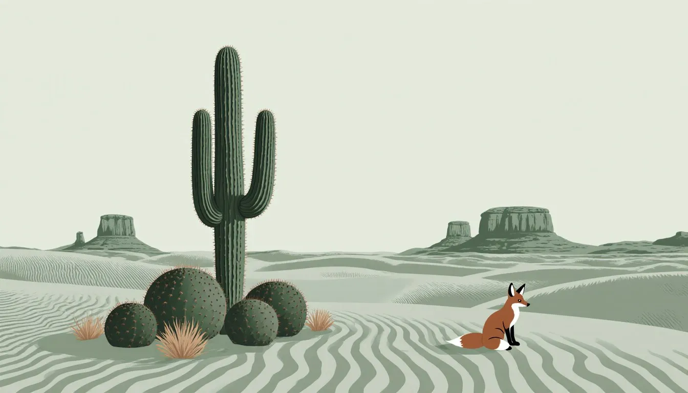 Illustrated desert scene with a saguaro cactus, barrel cacti, and a desert fox among sand dunes and distant mesas