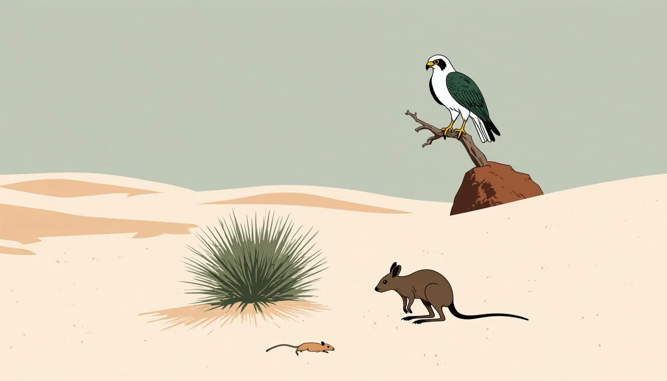 Desert scene with a shrub, a kangaroo rat, and a hawk perched above, showing the food chain