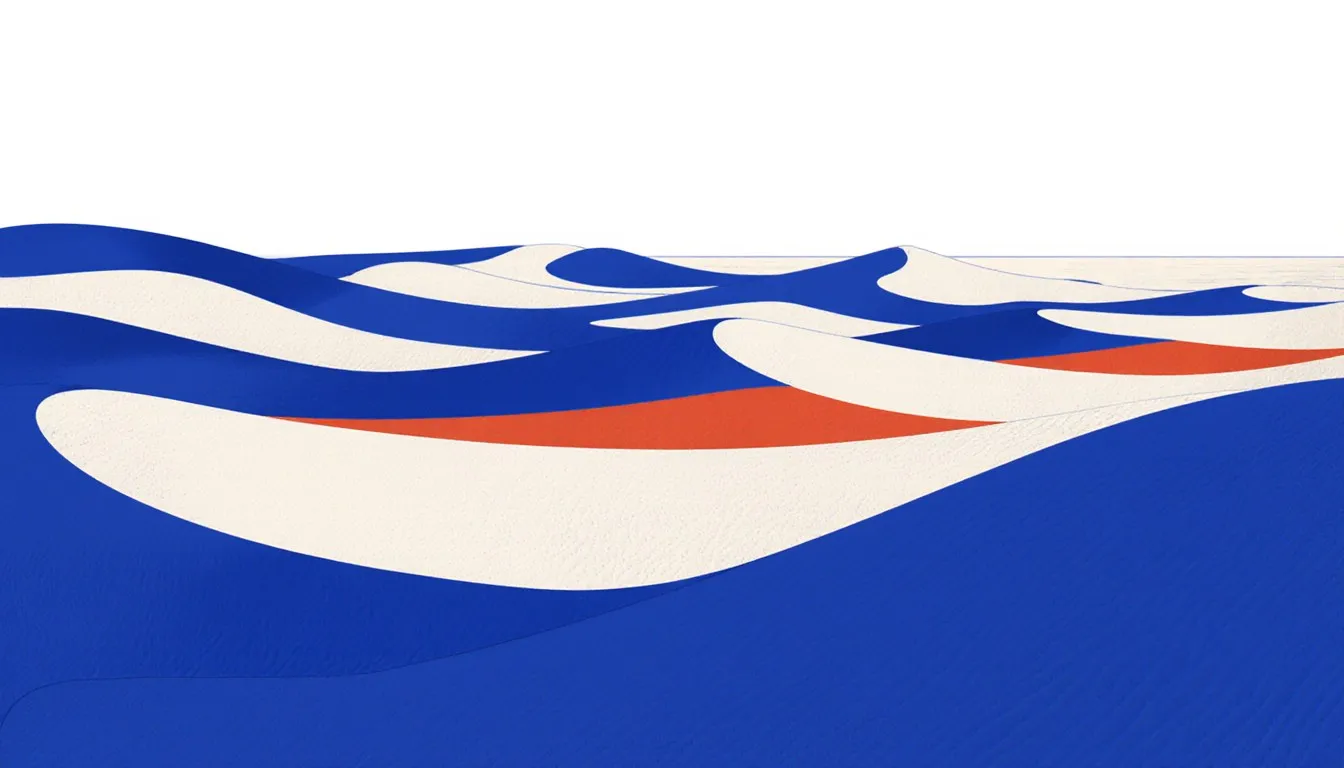 Illustrated desert landscape of layered wind-swept sand dunes stretching toward a bare horizon