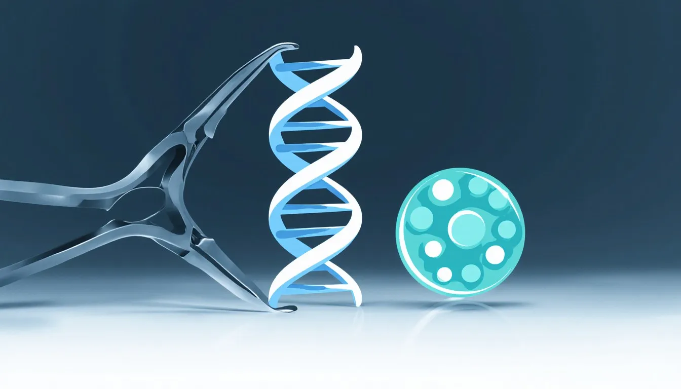 Illustration of a DNA double helix with one segment lifted by forceps beside a simplified human embryo shape