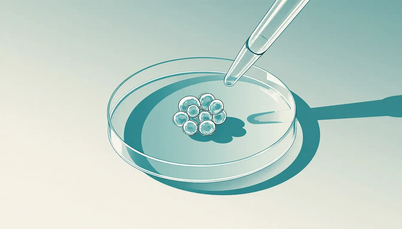 Illustration of an eight-cell embryo in a petri dish with a pipette extracting a single cell for genetic testing