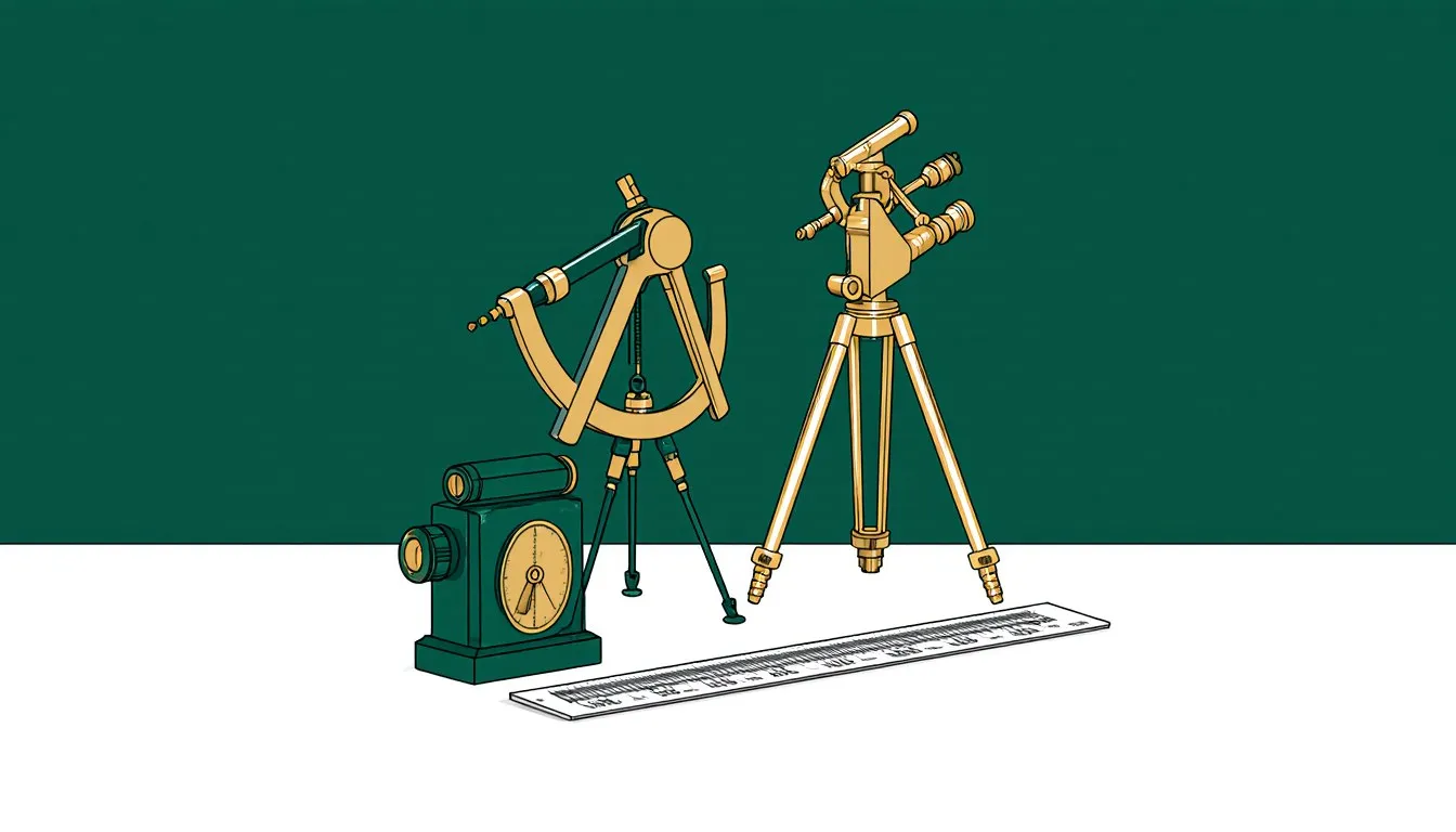 A brass sextant, surveyor's theodolite, and protractor arranged together as angle-measuring instruments