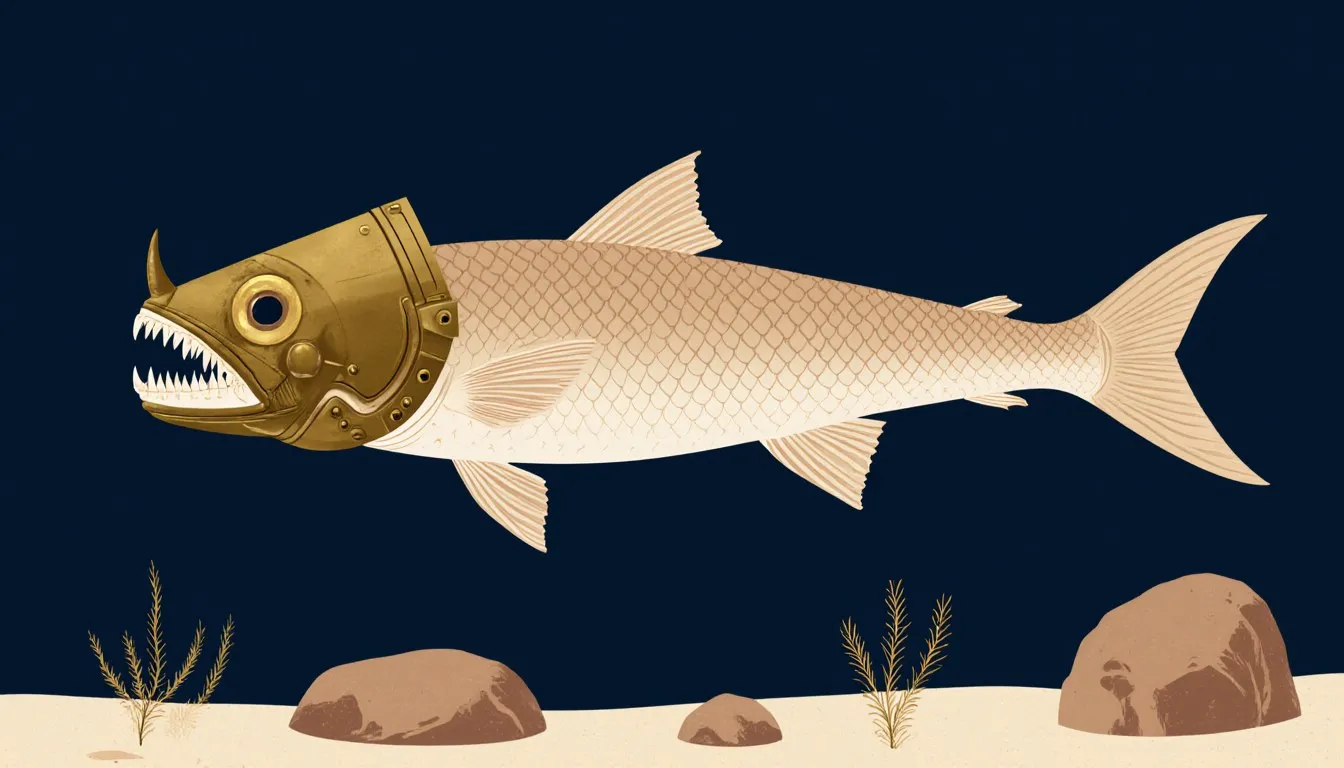 Illustration of an armored Devonian fish with bony head plates swimming above an ancient seafloor