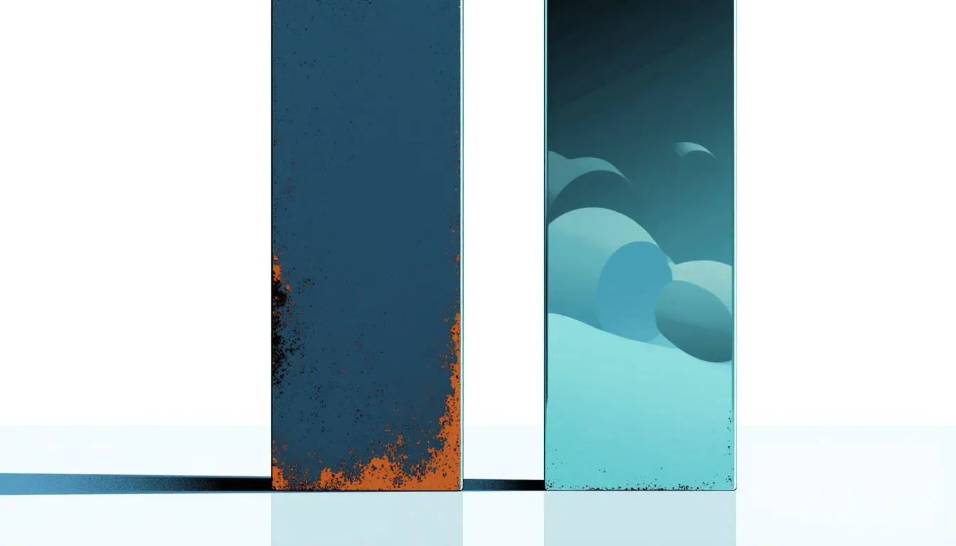 Illustration of two steel panels, one rust-streaked and one polished with reflections