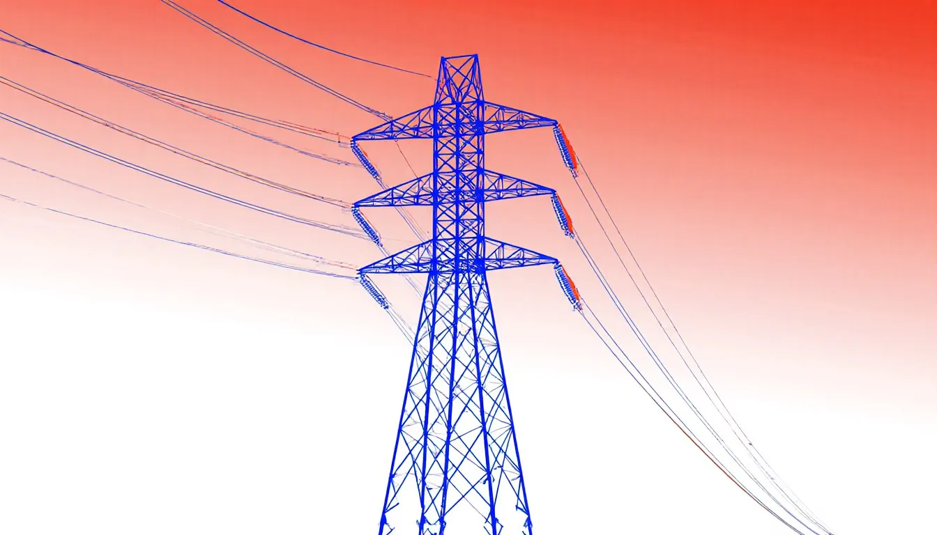 A tall electrical transmission tower with power lines stretching across an open sky