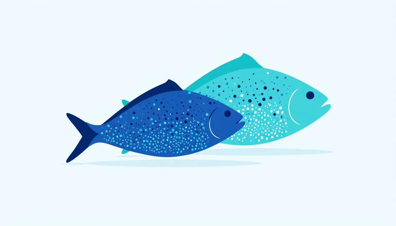 Three fish of increasing size with toxin particles growing denser from smallest to largest, illustrating biomagnification