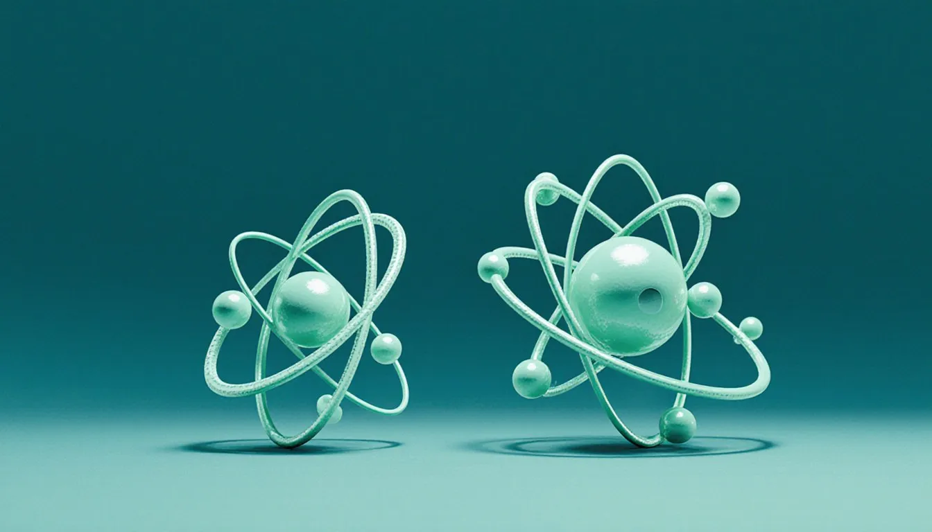 Two stylized atoms: a smaller one missing an electron and a larger one with an extra electron, representing a cation and