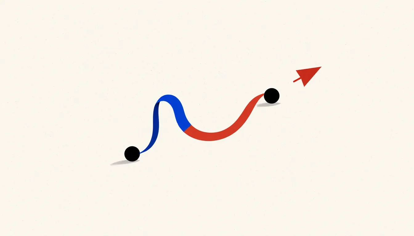 A winding curved path and a straight arrow both connecting the same two points, illustrating distance versus displacement