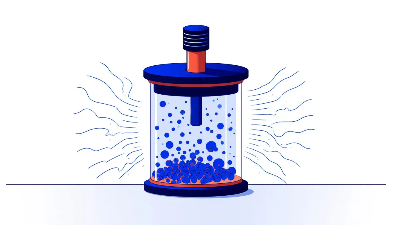 Illustration of a sealed cylinder radiating heat with loosely scattered particles inside, depicting enthalpy and entropy