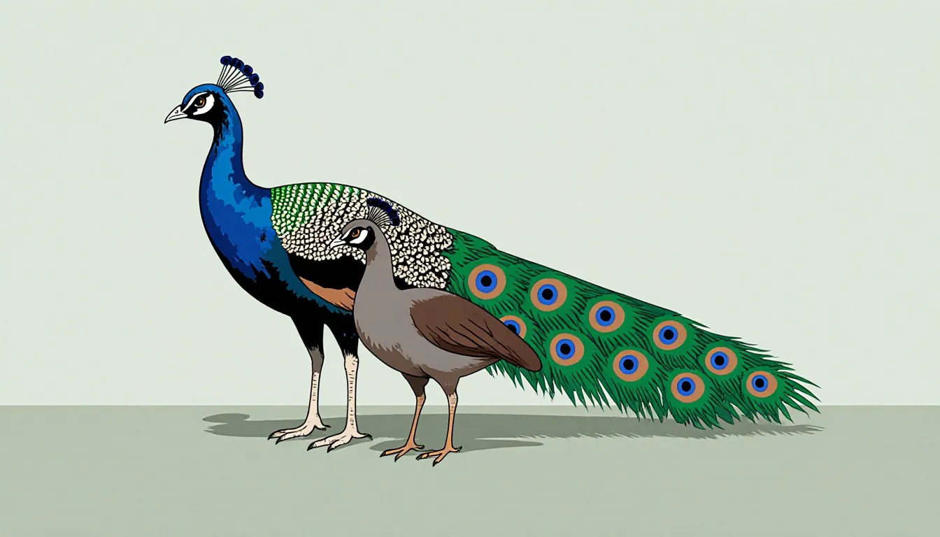 A male peacock with an iridescent fanned tail standing beside a smaller, plain brown peahen