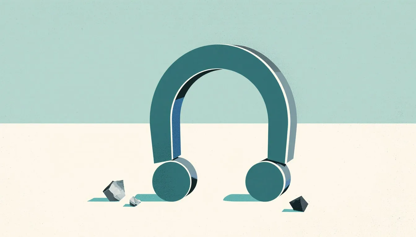 A horseshoe magnet with one fragment clinging to its pole and another hovering just above the surface