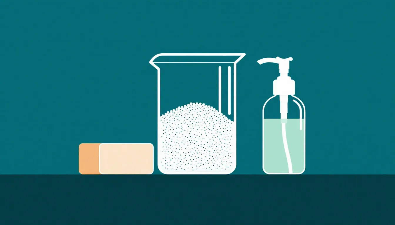 A beaker of caustic alkali pellets beside a bar of soap and a bottle of liquid soap