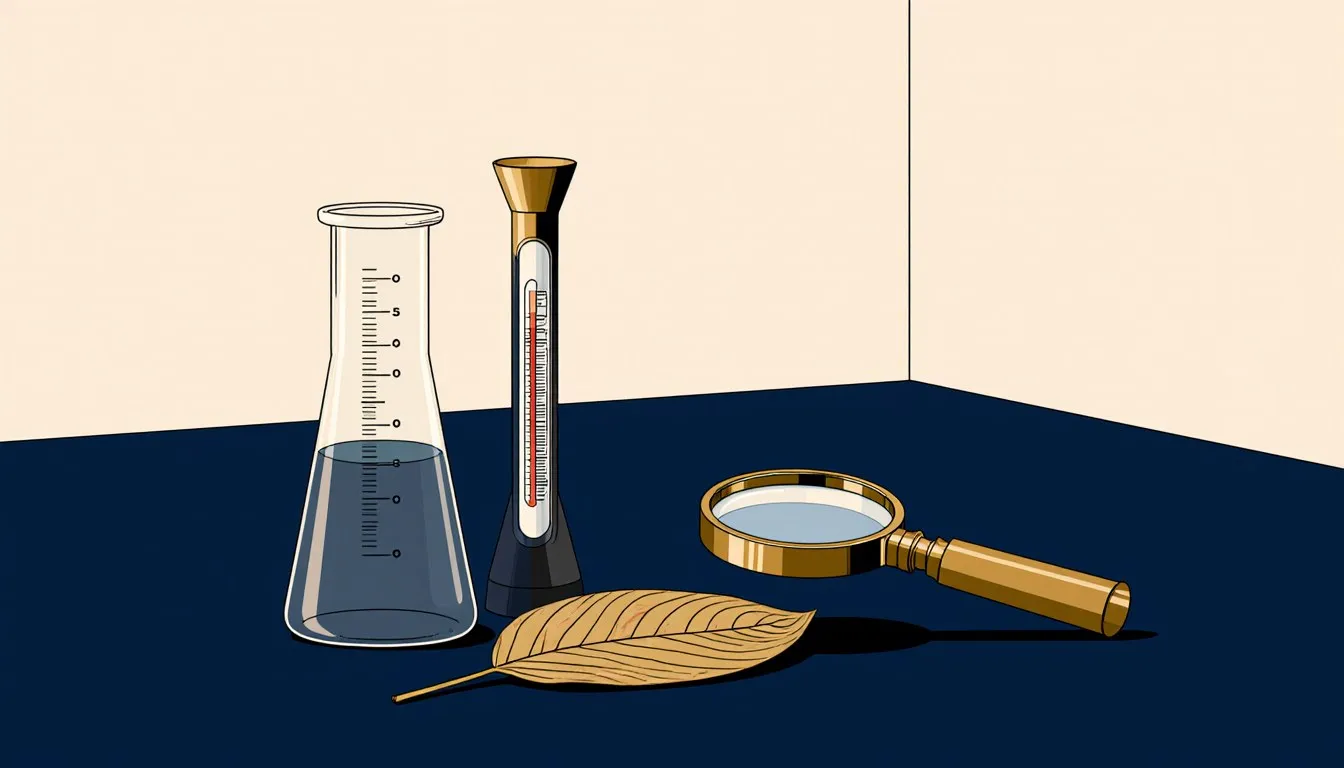 A beaker with measurement markings and a thermometer beside a magnifying glass observing a leaf, symbolizing quantitative
