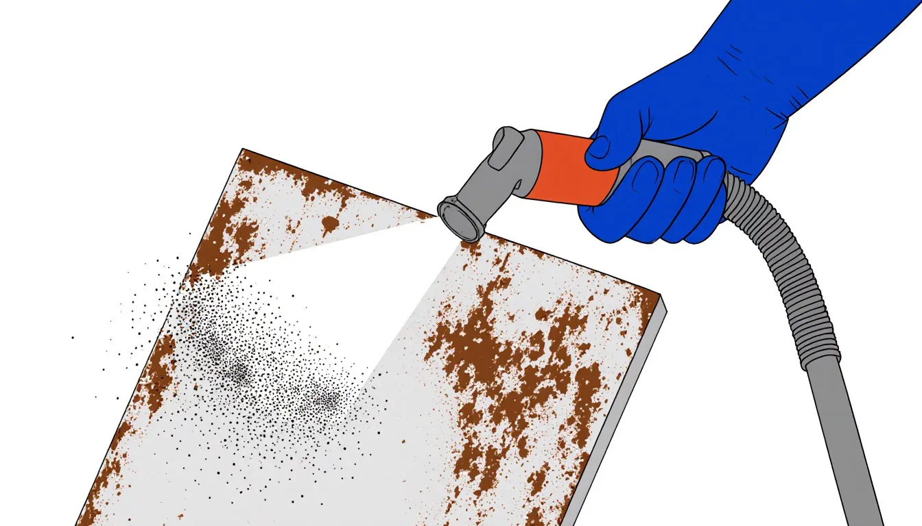 A blasting nozzle sprays fine abrasive onto a rusted metal panel, scattering rust and paint particles