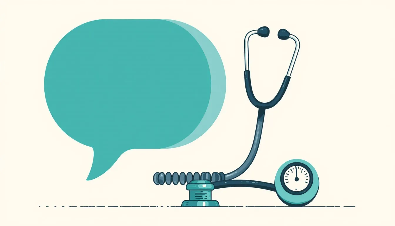 A speech bubble beside a stethoscope, representing subjective versus objective data collection