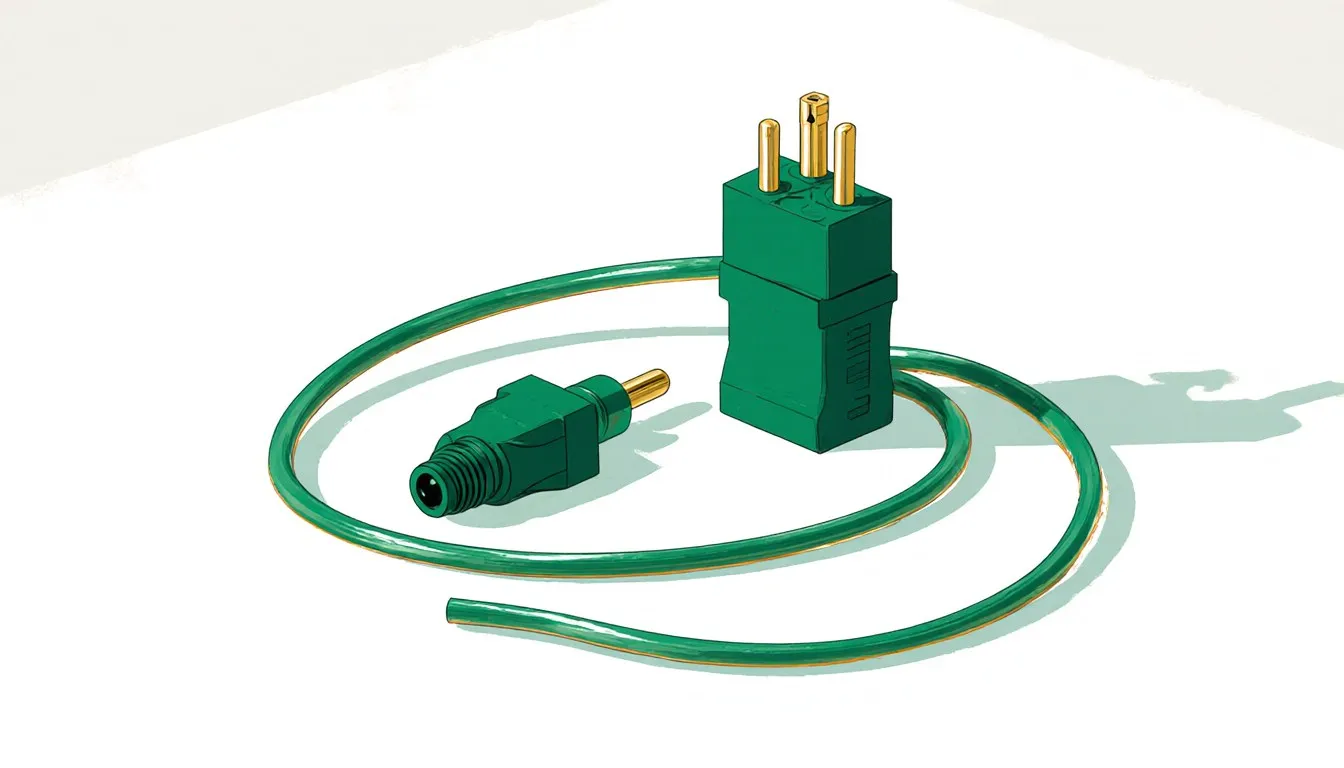A coiled plastic tube beside a rigid molded electrical plug, representing flexible thermoplastic and rigid thermoset