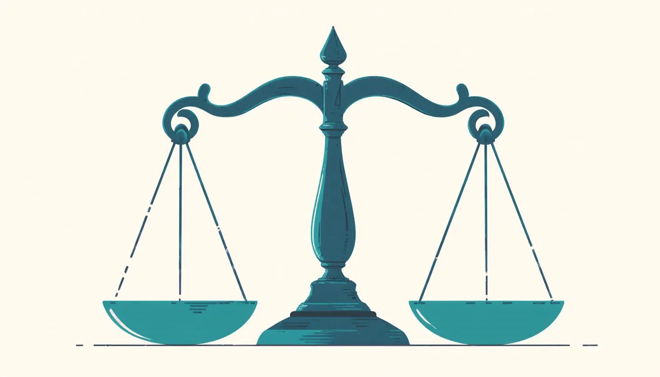 Ornate scales of justice tipped slightly to one side, symbolizing a verdict reached under uncertainty