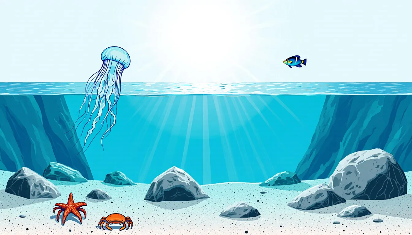 Illustrated ocean cross-section showing open water above a rocky seafloor, contrasting pelagic and benthic zones