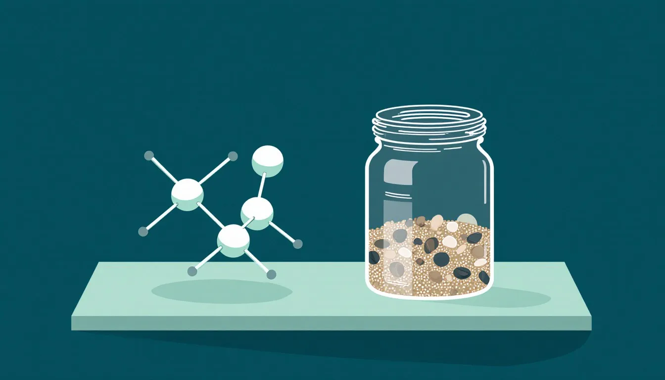 A molecular model beside a jar of mixed sand and pebbles, illustrating compounds versus mixtures