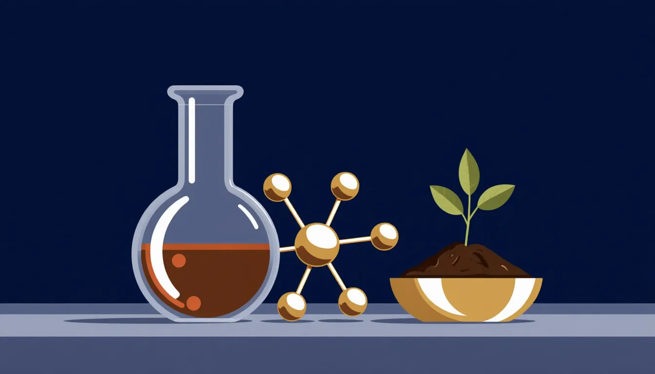 A lab flask, a molecular model, and a plant sprig in soil, representing chemistry's many branches