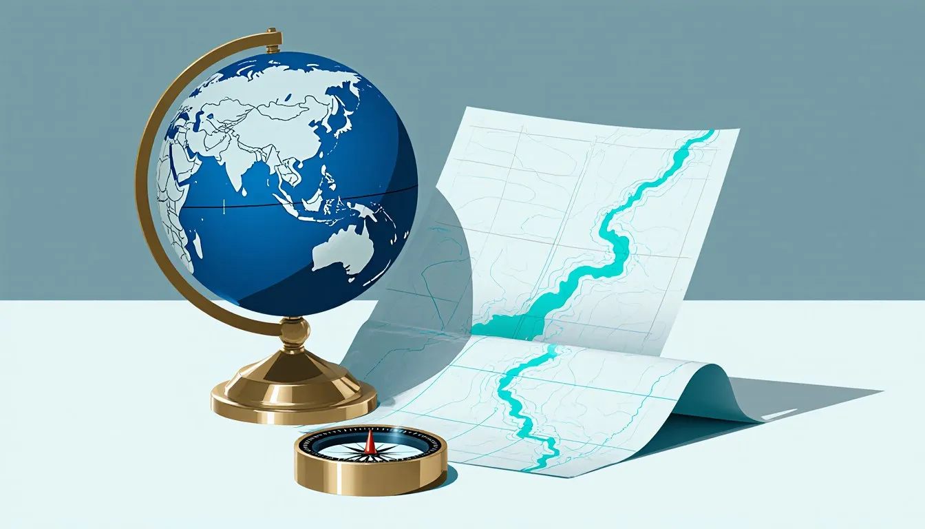 A globe, compass, and folded map arranged together, representing the many branches of geography.