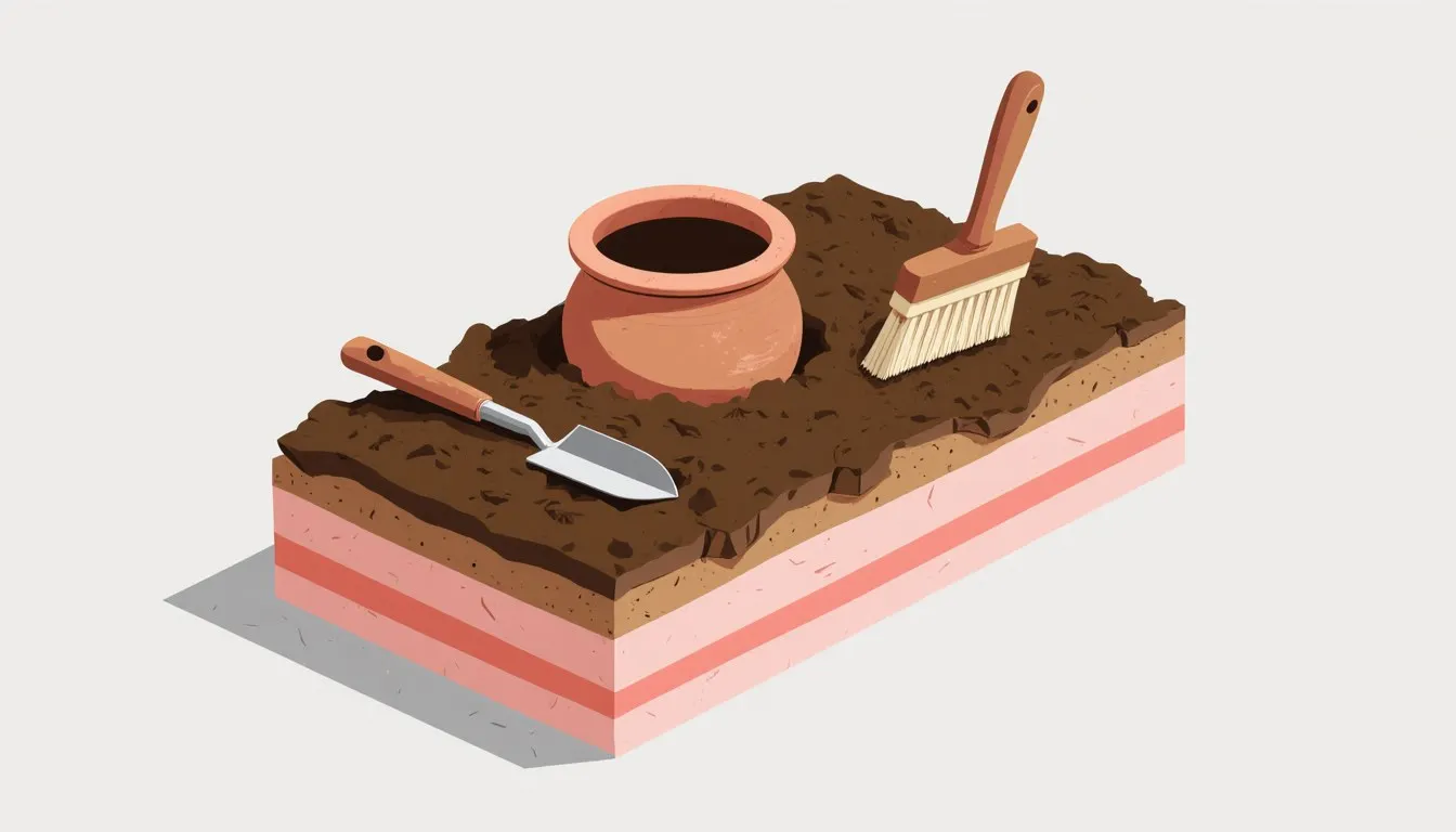 An archaeological dig scene with a trowel, brush, and ancient clay pot emerging from excavated soil