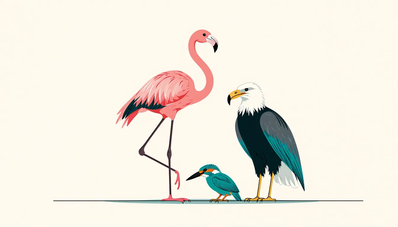 A flamingo, bald eagle, and kingfisher grouped together, illustrating the wide variety of bird species.
