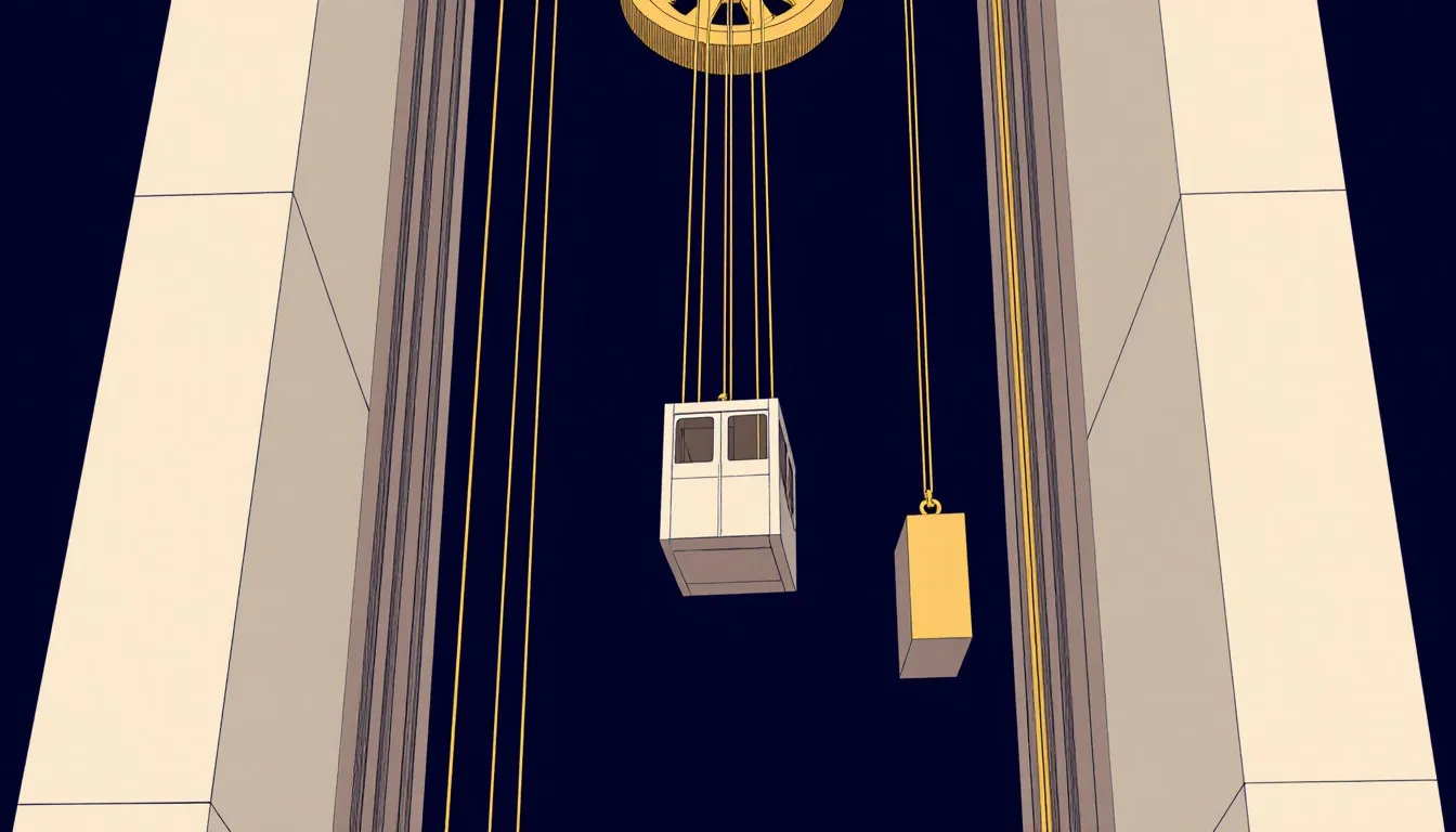 Cutaway of an elevator shaft showing the car and counterweight suspended by cables over a pulley wheel