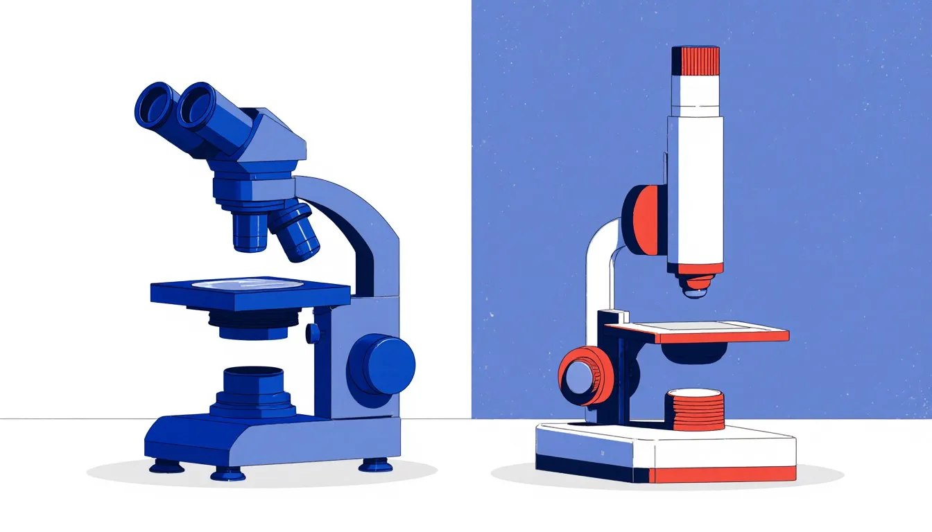 A dissecting microscope and a compound microscope side by side, showing their different eyepieces and stages.