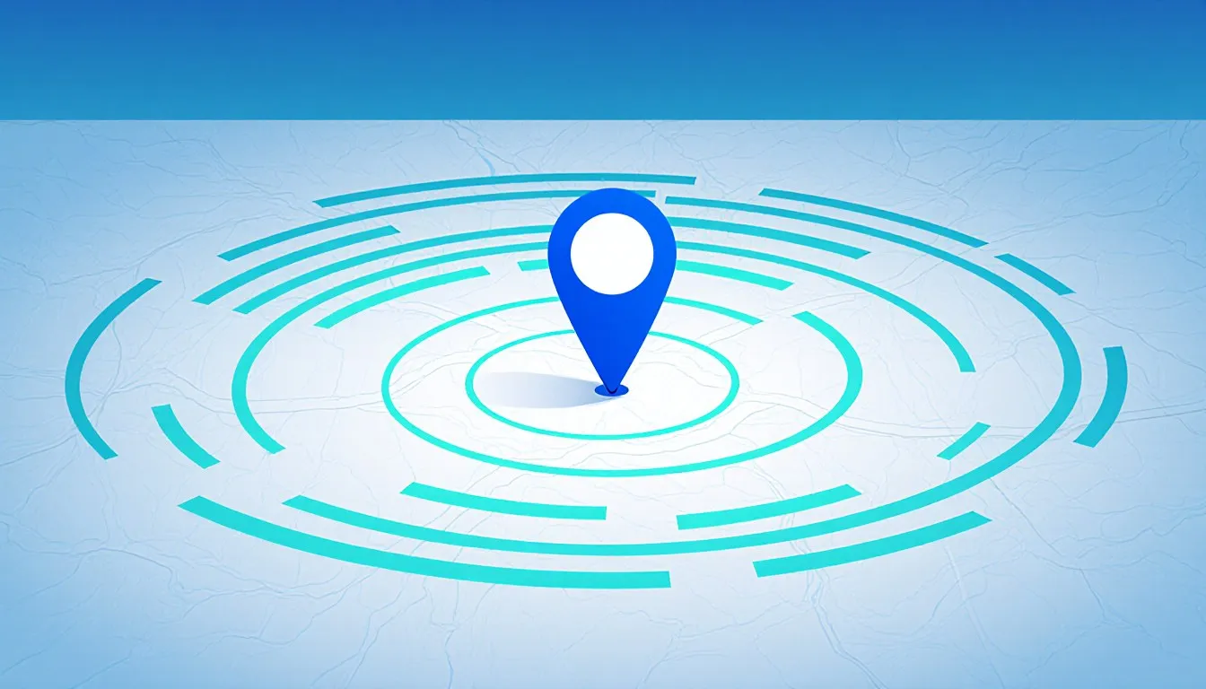 A map marker surrounded by concentric rings that grow fainter and farther apart with distance, illustrating distance decay.